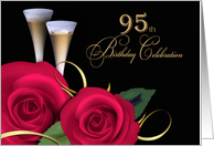 95th Birthday Party Invitation. Red Roses and Champagne Cups card