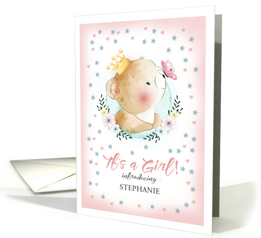 It's a Girl. Baby Girl Birth Announcement. Cute Little Bear card