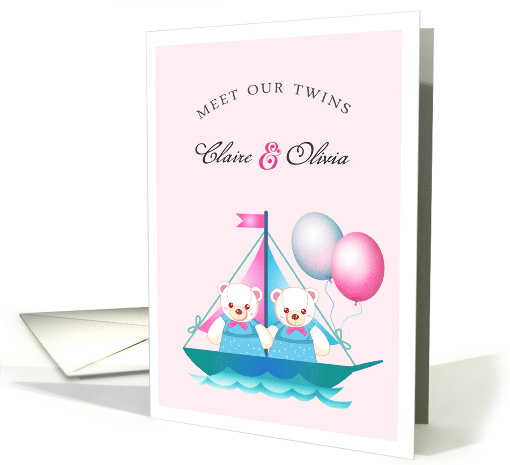 Birth Announcement - Twin Girls. Cute Teddy Bears card (652829)