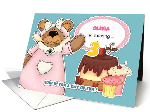 Custom Name 3rd Birthday Party Invitation. Teddy Bear card (680610)