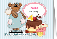 Custom Name 4th Birthday Party Invitation. Funny Teddy Bear card