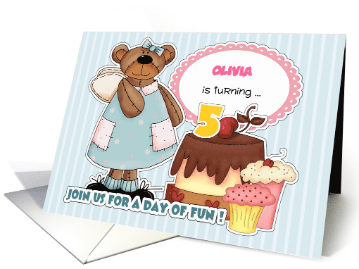 Custom Name 5th Birthday Party Invitation. Funny Teddy Bear card