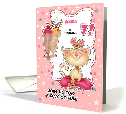 Custom Name 7th Birthday Party Invitation. Kitty and Mice card