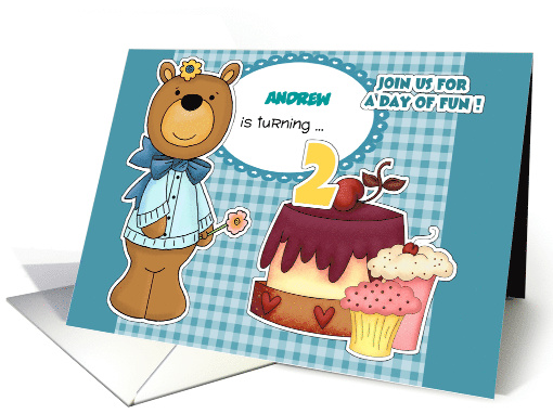 Custom Name 2nd Birthday Party Invitations. Teddy Bear card (680619)
