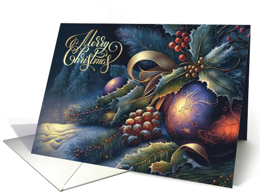 Merry Christmas Pine Branches and Christmas Ornaments Painting card