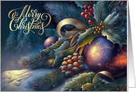 Merry Christmas Pine Branches and Christmas Ornaments Painting card