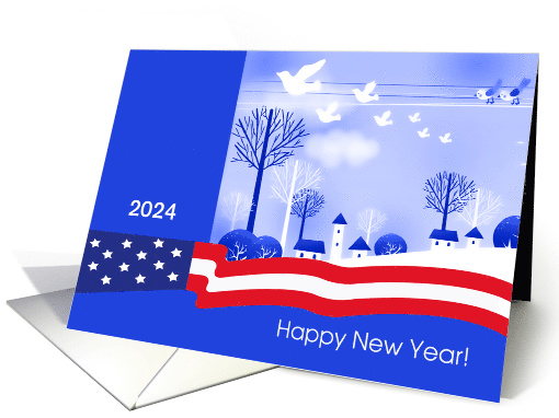 Happy New Year 2024 Snowy Village and American Flag Patriotic card