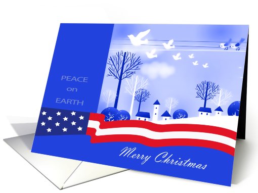 Merry Christmas - Peace - Snow Village with US Flag card (692566)