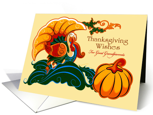 Thanksgiving Wishes for Great Grandparents.Turkey and Pumpkin card