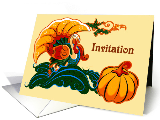 Thanksgiving Dinner Invitation. Turkey and Pumpkin Design card