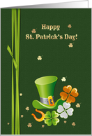 Happy St. Patrick’s Day. Tricolor Shamrocks Leprechaun Hat card