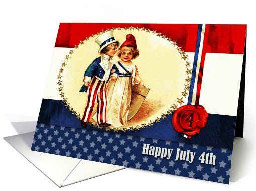 Happy 4th of July. Kids with US Flag .Vintage card (781727)