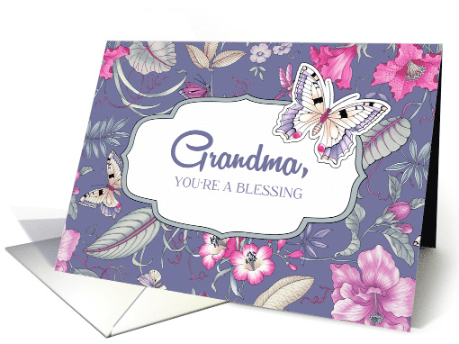 Happy Birthday for Grandmother. Floral Pattern and Butterfly card
