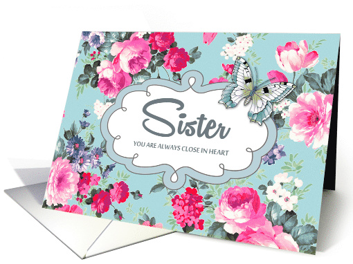 Happy Birthday card for Sister. Floral Pattern and Butterfly card