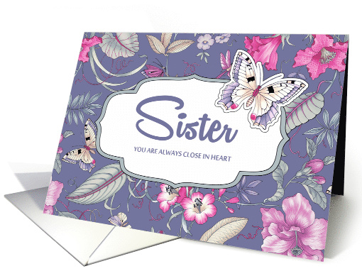 Happy Birthday card for Sister. Floral Pattern and Butterfly card