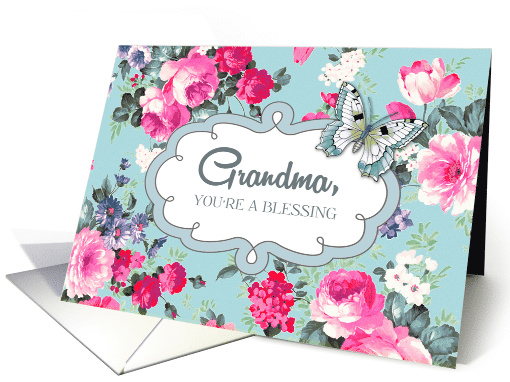 Happy Birthday card for Grandmother. Floral Pattern and Butterfly card