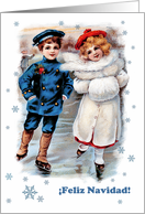 Feliz Navidad. Spanish Christmas card. Ice Skating Vintage Scene card