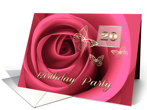 20th Birthday Party Invitation. Romantic Rose and Butterflies card
