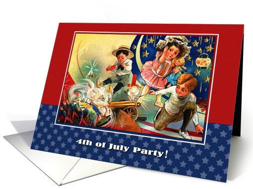 4th of July Party Invitation. Kids with firecrackers.Vintage card