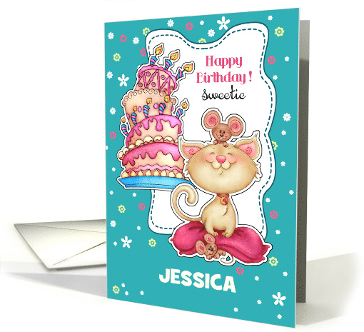 Custom Name Birthday Card for Kids. Kitty , Mice and... (831191)