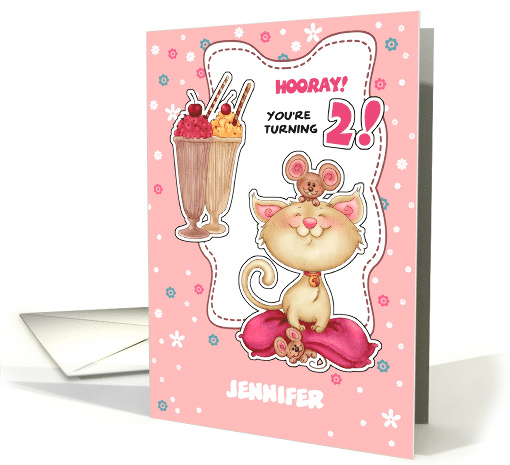 Custom Child Name 2nd Birthday Wishes. Fun Kitty and Mice card