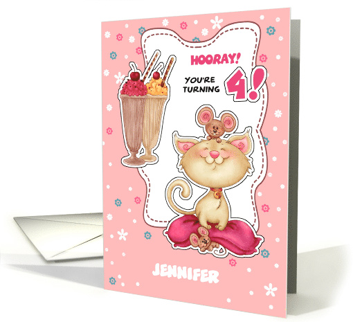 Custom Child Name 4th Birthday Wishes. Fun Kitty and Mice card