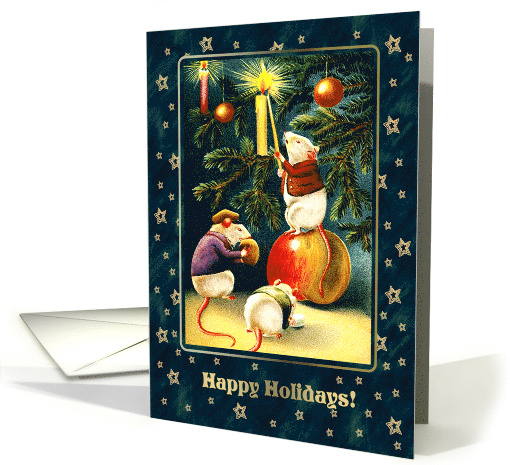 Happy Holidays. Vintage Mice with Christmas Tree card (834059)