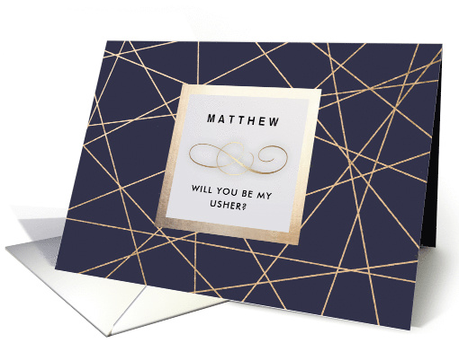Will you be my Usher? Navy Blue Elegant Geometric Pattern design card