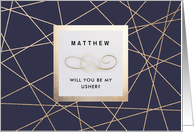 Will you be my Usher? Navy Blue Elegant Geometric Pattern design card