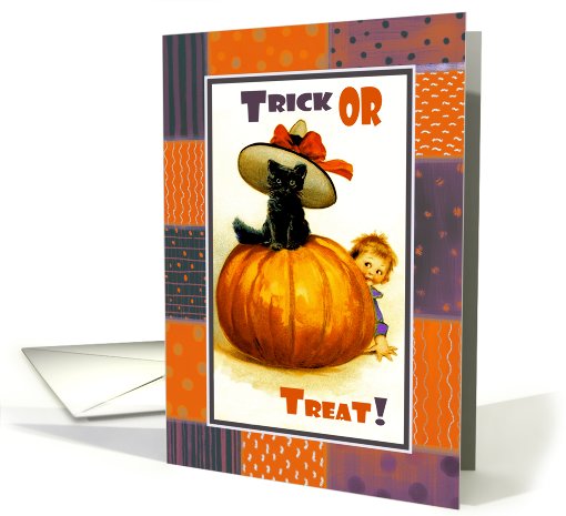 Halloween.Trick or Treat! Vintage Kid with Black Cat and Pumpkin card