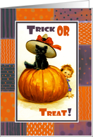 Halloween.Trick or Treat! Vintage Kid with Black Cat and Pumpkin card