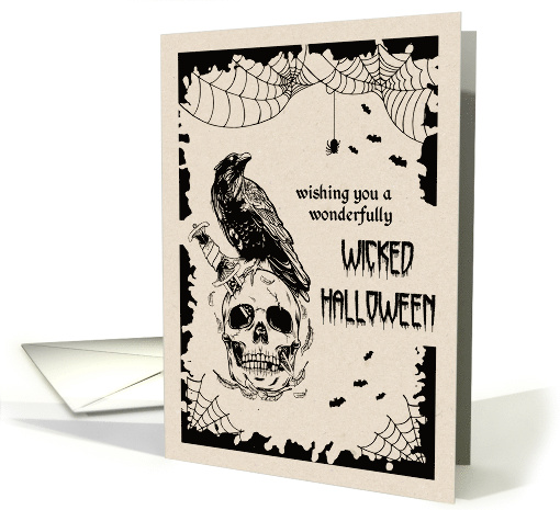 Halloween horror night wish. Creepy Skull and Crow card (866307)