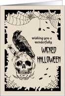 Halloween horror night wish. Creepy Skull and Crow card