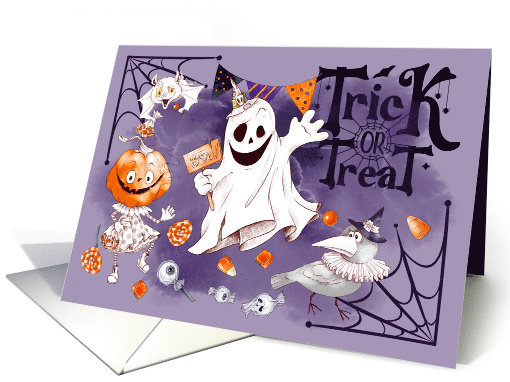 Trick or Treat Halloween Fun Ghost Pumpkin Girl Raven card (866330)