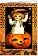 Halloween Costume Party Invitation. Vintage kid and Jack o’Lantern card
