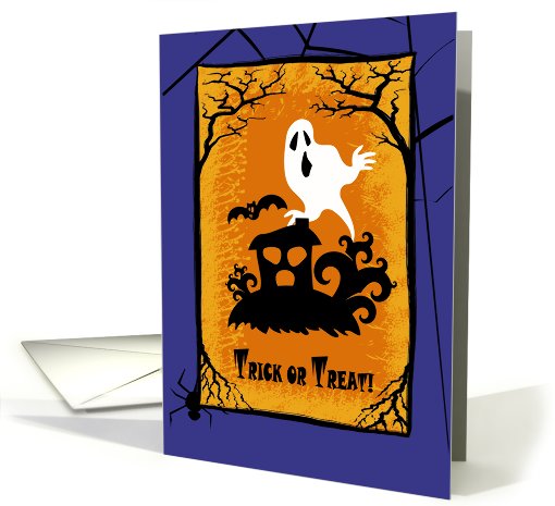 Halloween Party Invitation. Haunted House with Ghost and Bat card