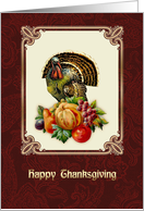 Happy Thanksgiving. Vintage Turkey with Pumpkin and Fruits card