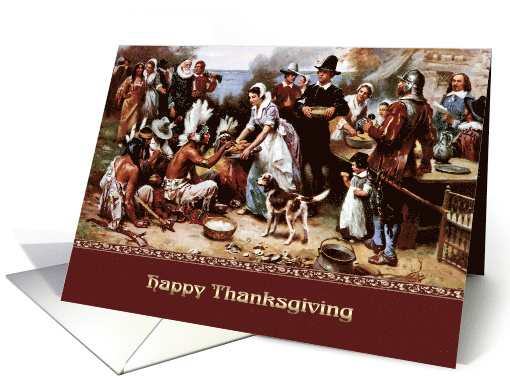 Happy Thanksgiving. Pilgrims and American Indians Painting card