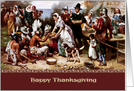 Happy Thanksgiving. Pilgrims and American Indians Painting card