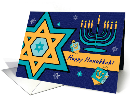 Happy Hanukkah. Star of David with Menorah and Dreidels card (879648)