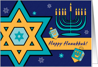 Happy Hanukkah. Star of David with Menorah and Dreidels card