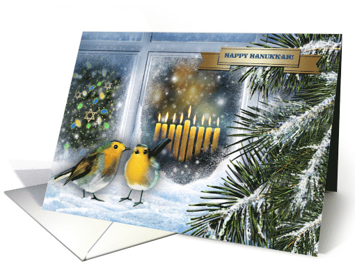 Happy Hanukkah. Snow Window with Menorah Candles and Birds card