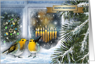 Happy Hanukkah. Snow Window with Menorah Candles and Birds card