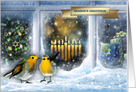 Season’s Greetings. Hanukkah card with Snow Window Scene Interfaith card
