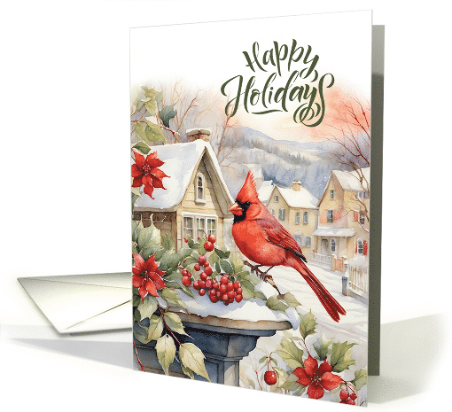 Happy Holidays Snowy Village and Red Cardinal Painting card (880284)