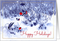 Happy Holidays. Vintage Winter Scene with Bullfinches card
