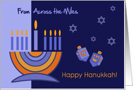 Happy Hanukkah from Across the Miles. Menorah and Dreidels card