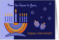 Happy Hanukkah from Our House to Yours. Menorah and Dreidels card