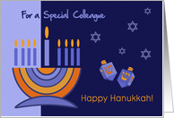 Happy Hanukkah for Colleague. Menorah and Dreidels card