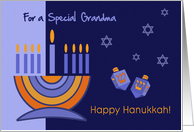 Happy Hanukkah for Grandmother. Menorah and Dreidels card